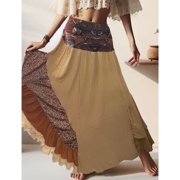 NEW Ursime Boho High Waist Patchwork Lace Layered Flowy Brown Indie Maxi Skirt L - Picture 1 of 13